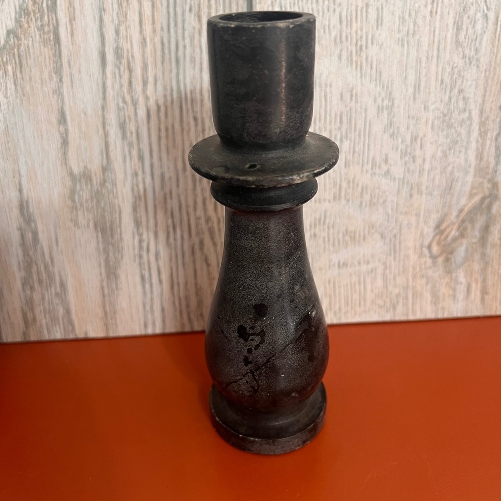 Vintage Black Soapstone Candlestick Holder Hand Carved Stone Taper Pillar‎ 6.5"